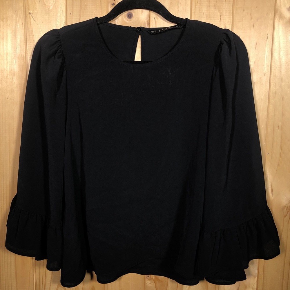 Zara Black Ruffle Bell Sleeve Top cropped Blouse